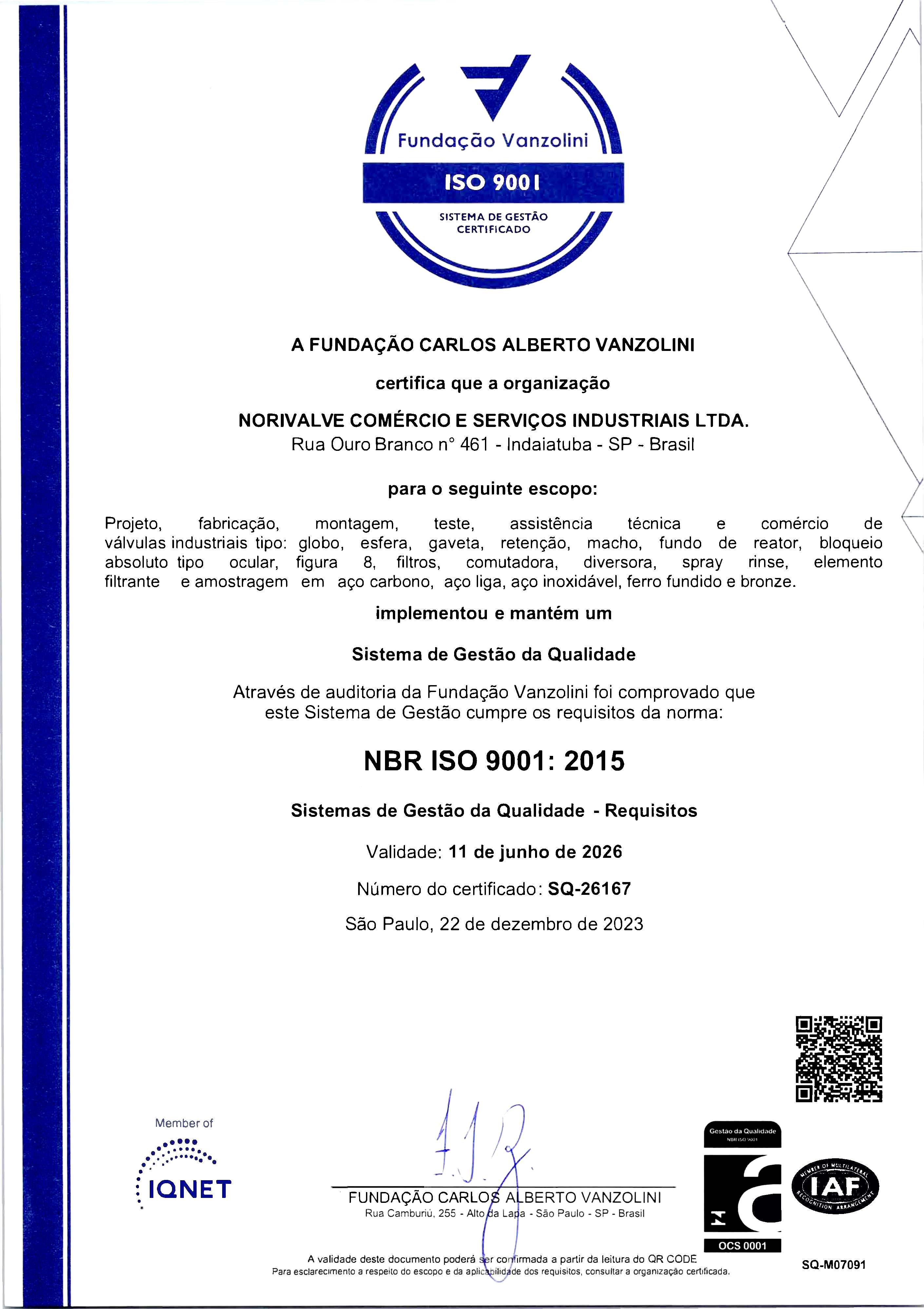 Certificação ISO 9001:2015 da Norivalve